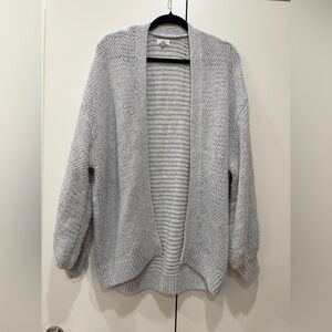 aerie Light Gray Open-Front Knit Cardigan with Balloon Sleeves soft slouchy
